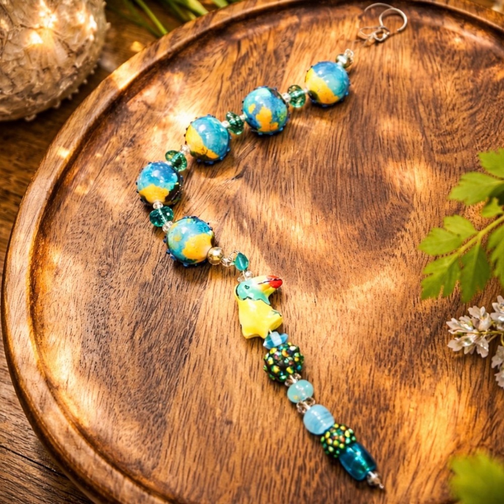 Artisan Sun Catcher Bird Reclaimed Vintage Beads Boho Window Decor